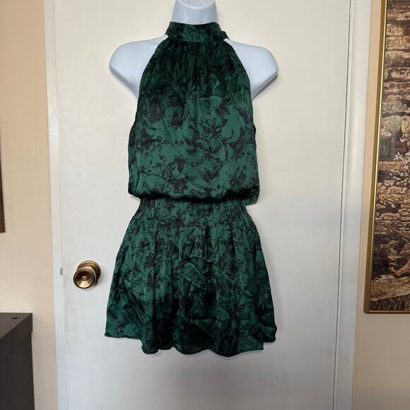 Do+Be Green Satin Halter Tie Back Smocked Mini Dress Small 90s Y2K Bratz Party - Picture 2 of 13